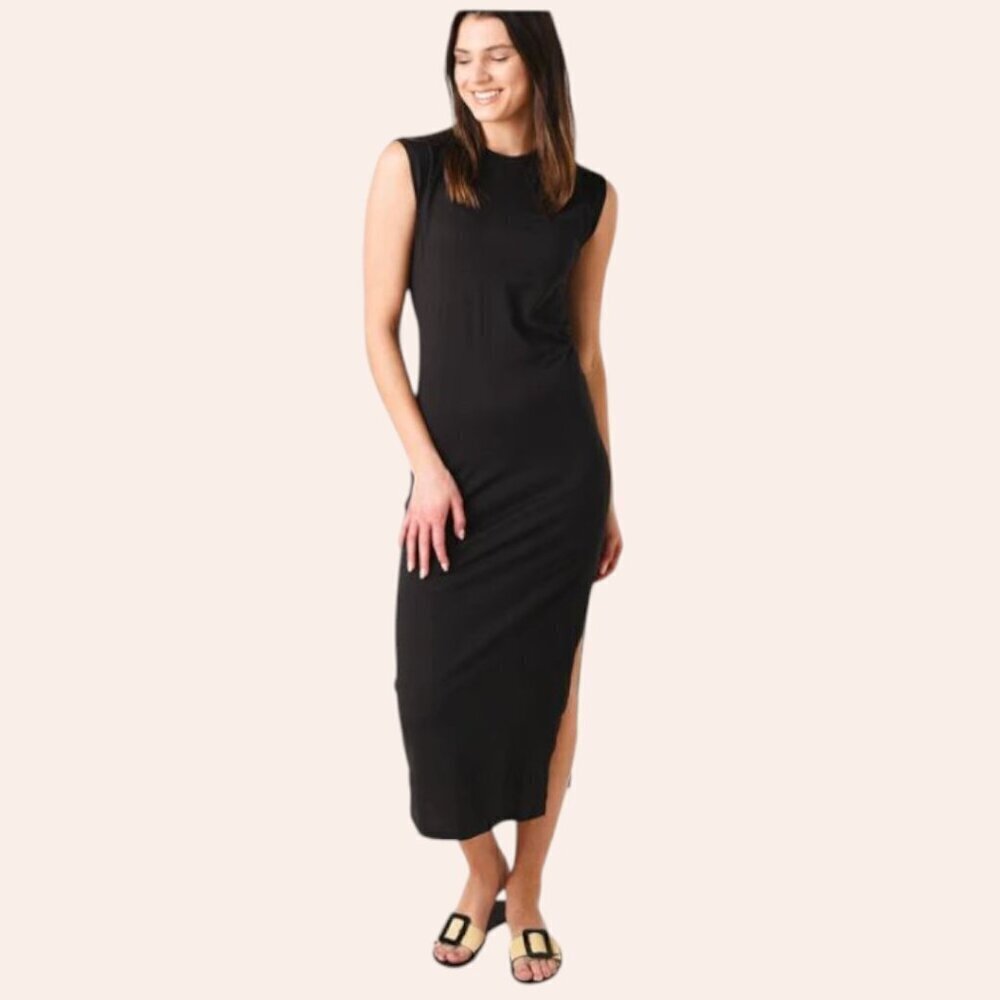 Frame Le Muscle Black Dress Organic Cotton Cap Sleeve Side Slit Maxi Small EUC